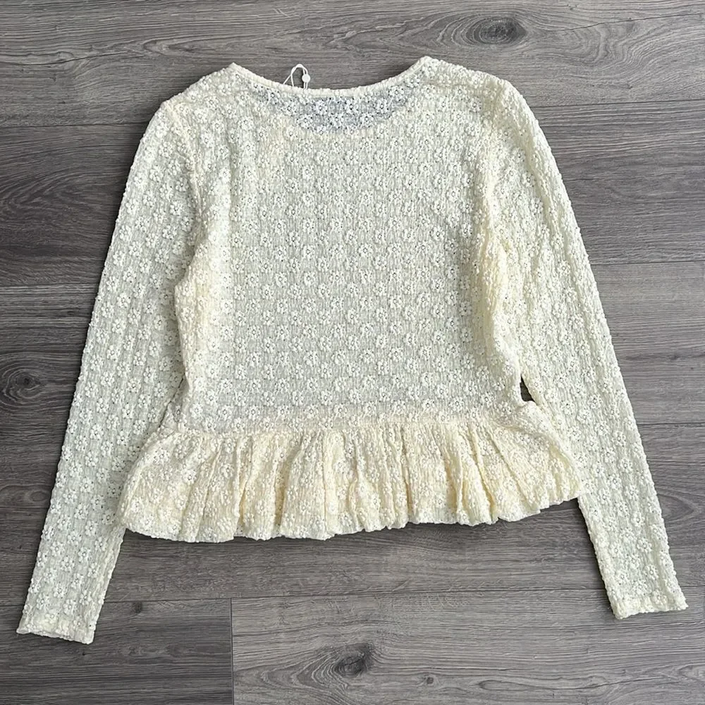 REBECCA TAYLOR Lace Peplum Top XL Antique Cream Floral Cloque Coquette Boho NWT